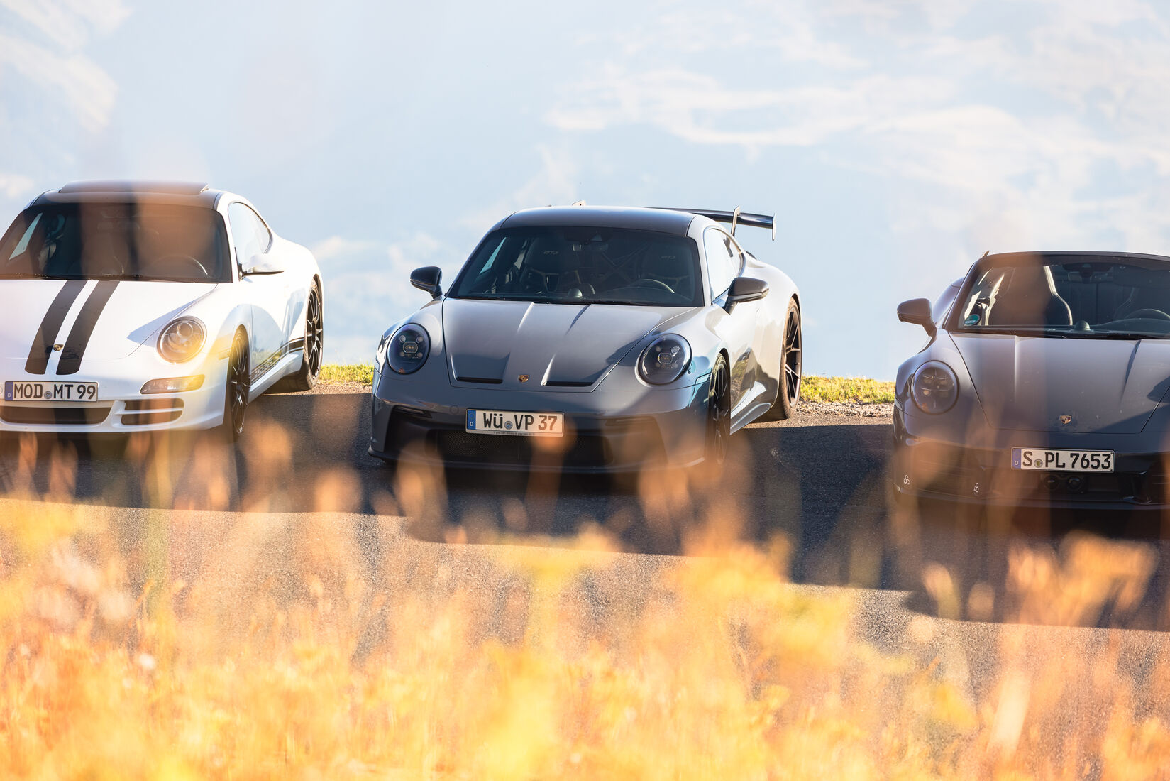 Drei 911 frontal hinter goldenem Gras